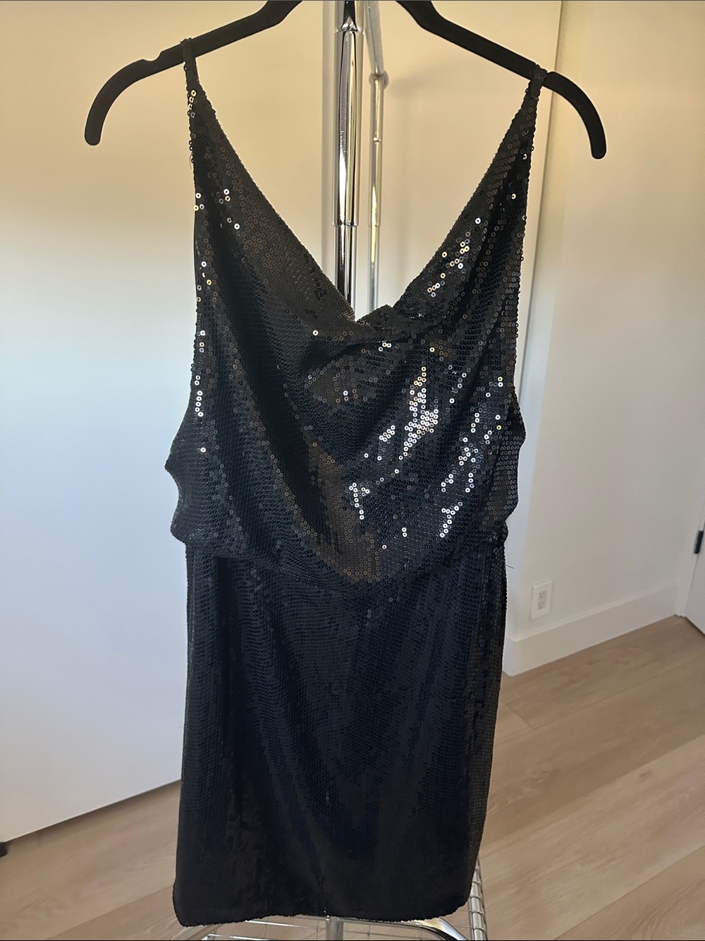 Black Sequin Cowl Mini Dress - Sparkling Evening Slip silk interior